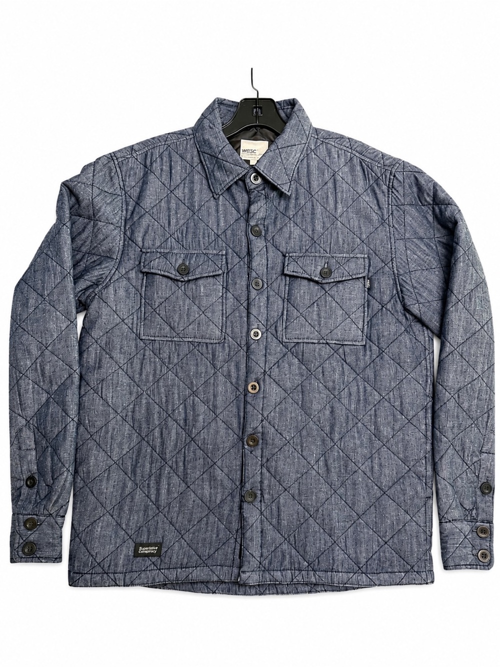 WESC Men’s Medium Light Denim Quilted Shacket Utility Shirt Jacket